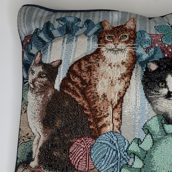 15" Cat Tapestry Fabric Accent Throw Pillow Sleeping Looking Yarn Butterfly - Picture 2 of 10